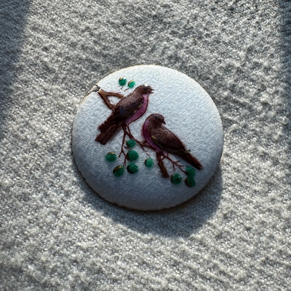 Antique Enamel Brooch Birds on Branch